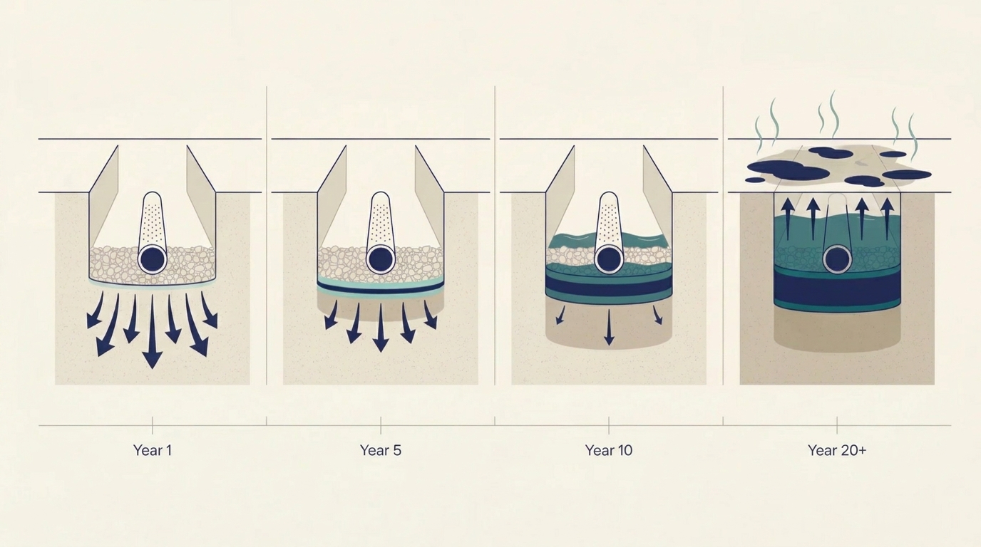 Biomat accumulation timeline: Year 1 (clean drain field, strong absorption) → Year 5 (thin biomat layer forming) → Year 10 (thicker biomat, restricted flow) → Year 20+ (sealed shut, surface symptoms visible)