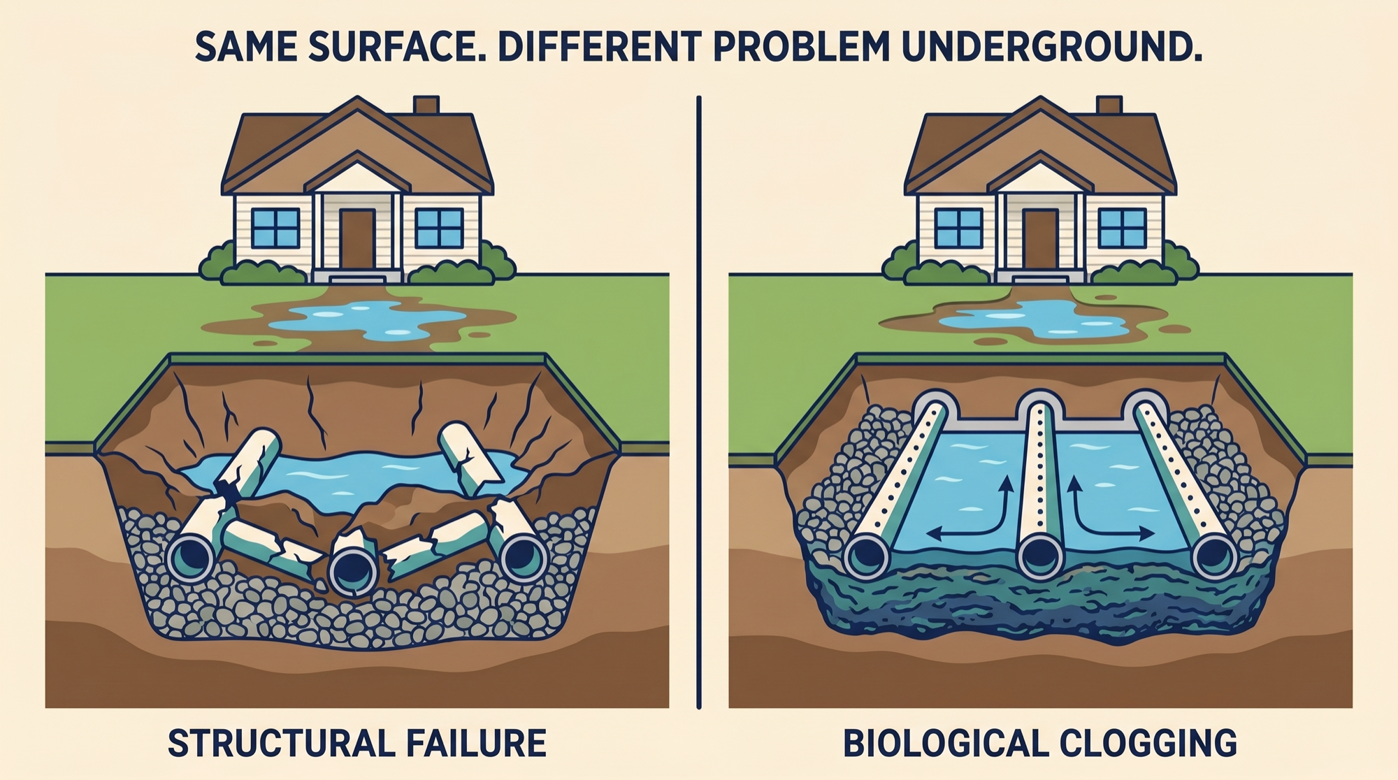 Two-panel cross-section: same house and surface symptoms on both sides, but underground the left panel shows broken pipes (structural failure) and the right panel shows intact pipes with biomat sealing the soil (biological clogging)