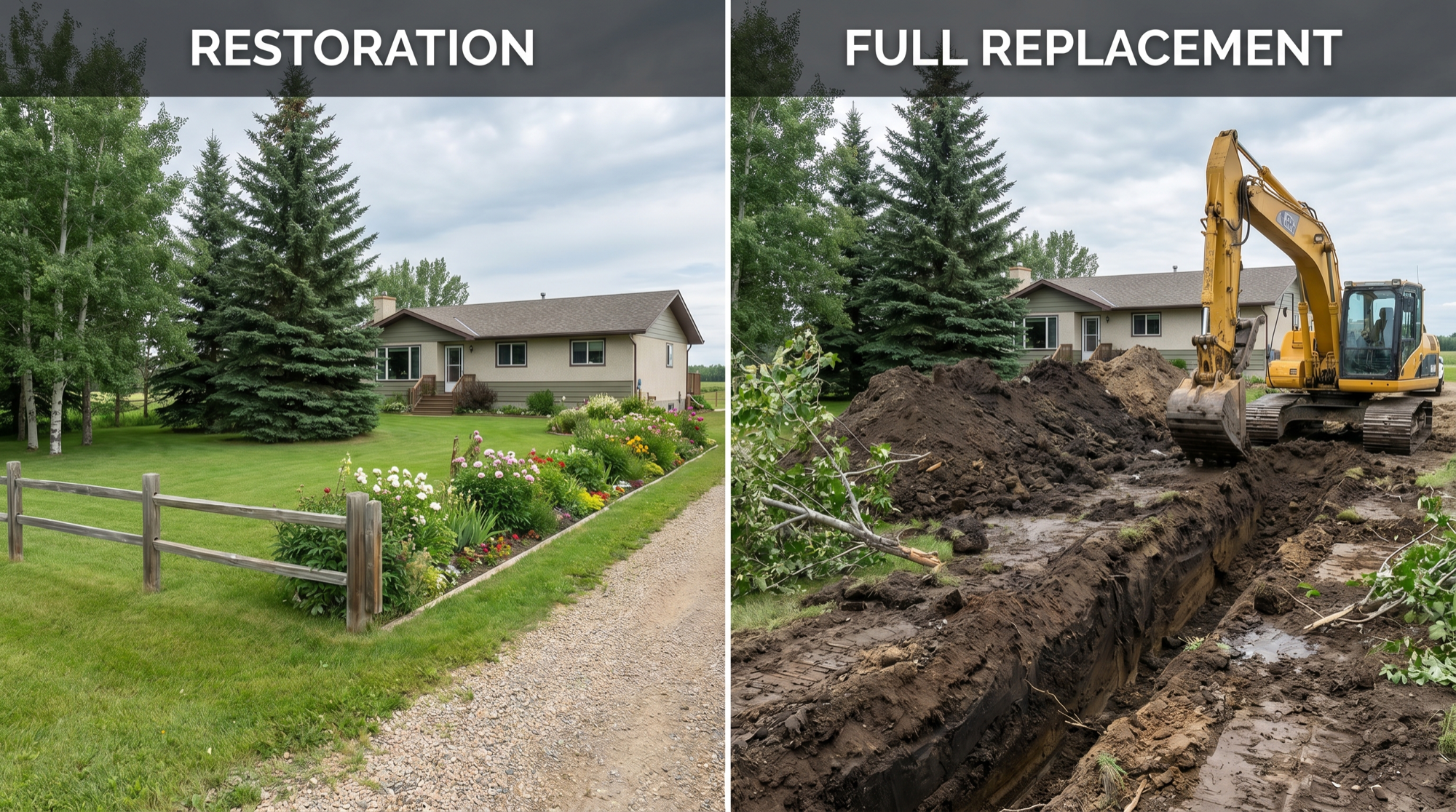 Side-by-side photograph: left shows an intact rural acreage yard with mature trees, flower garden, and decorative fence; right shows the same yard after full drain-field excavation with a yellow excavator on torn-up earth and a deep open trench