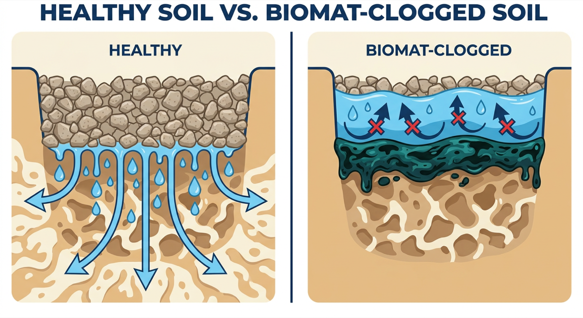 Side-by-side cross-section of the soil interface: left shows healthy soil with water absorbing freely; right shows the same soil with a thick biomat layer sealing it, blocking water flow