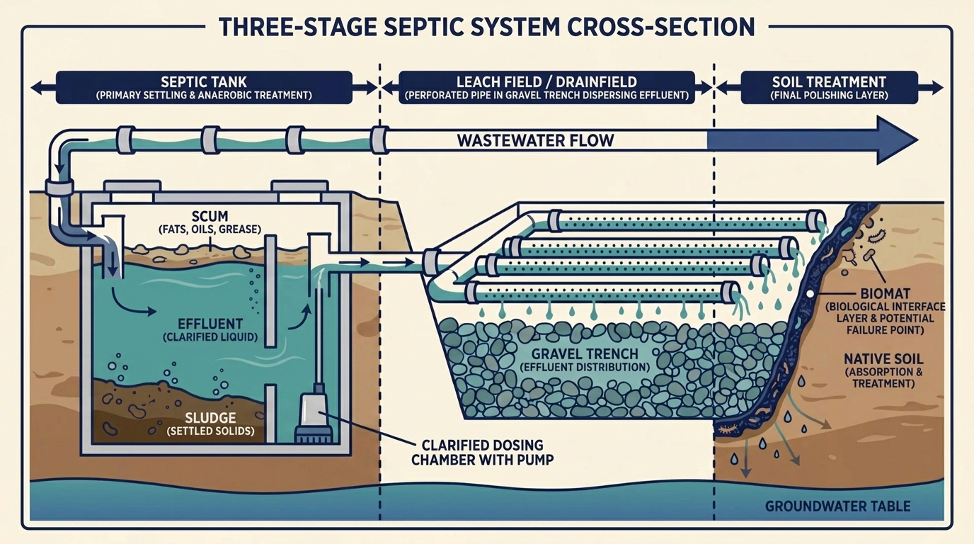 Three-stage septic filter cross-section: septic tank (primary settling) → leach field with perforated pipe in gravel trench → native soil with biomat layer at the absorption interface